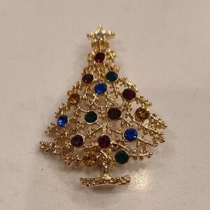 Vintage Signed EISENBERG Gold Christmas Tree Brooch with Multicolor Gems